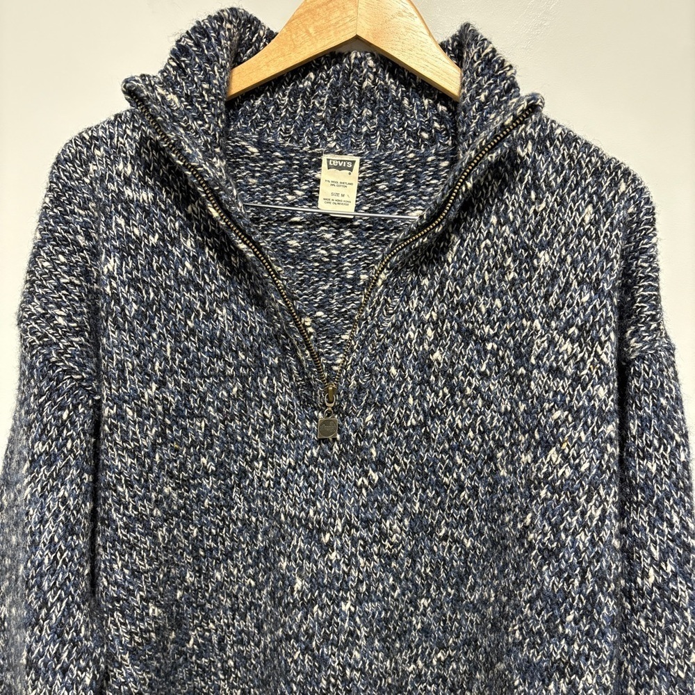 Vintage Levis Sweater Mens Medium Blue Shetland Wool Blend Pullover 1/4 Zip